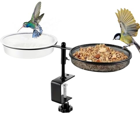 Vogeltränke mit Futterspender - Wasserschale zum Anklemmen, Garten Vogelbecken | Abnehmbare Schale Vogelfutterstation für Balkongeländer, Zaunmontierte Wasserschale für Outdoor Vögel, Kleintiere