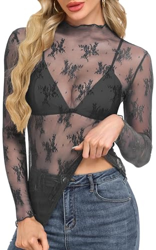 WNEEDU Mesh Oberteile Damen - Netzoberteile Sptizen Durchsichtiges T-Shirt Sexy Party Tops Langarmshirt Elegant Mesh Sheer Bluse mit Rüschenkragen Schwarz L