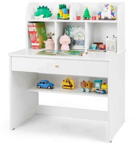 LIFEZEAL Escritorio Infantil con Estante, Escritorio Enfantil con Estantería y Cajón Grande, Mesa de Aprendizaje de Madera para Niños y Niñas a Partir de 3 Años, 80 x 48 x 102 cm (Blanco)
