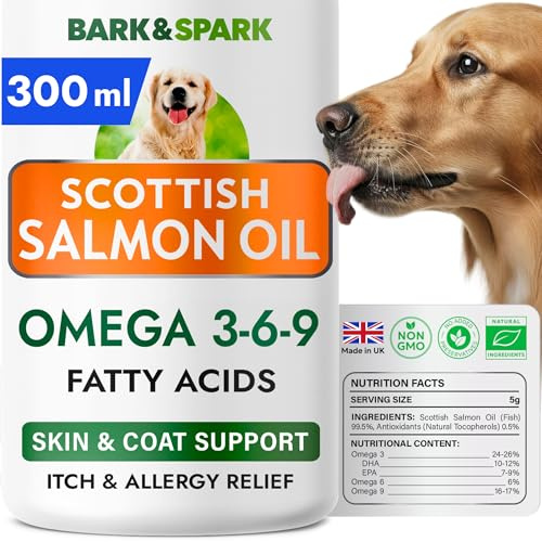 BARK&SPARK Scottish Salmon Oil for Dogs - Natural Omega-3, Skin & Coat Support - Liquid Food Supplement for Pets - Natural EPA + DHA Fatty Acids Fish Oil for Joint Function, Immune&Heart Health, 300ml