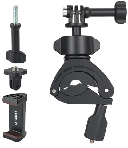 UTEBIT Actionkamerahållare för DJI Action 5 Pro/4/3/Pocket, 360° vridbar cykelstyrhållare för GoPro Hero 13/12/11, för Insta360 X4/X3/GO3 med mobiltelefonhållare. Lämplig för 22–38 mm fästen