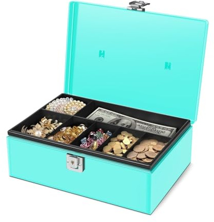 Flexzion Caisse à monnaie avec plateau et serrure – Tirelire en métal pour le stockage des espèces avec loquet sécurisé et clé – Petite caisse bleue avec 7 compartiments pour petites entreprises, 28 x