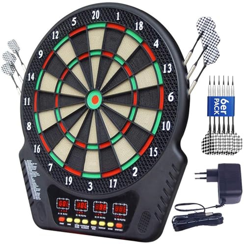 Elektronische Dartscheibe Set Elektrische Dartboard mit Sprachansagen,4 LED-Anzeigen, 6 Dartpfeil, 27 Spiele 243 Spieloptionen Profi E-Dart Board für Hause Party Garten Bar 1-16 Spieler, Schwarz
