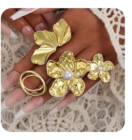 XFSRG 4 Stück Set Klobige Ringe für Damen Vintage Offene Statementringe Stapelbar und Anlaufgeschützt mit Blumen Perlen Design Für Alltag Partys Ausstellung