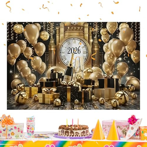 Decoración de Año Nuevo | Fondo Dorado 2026 2.1x1.5 M - Cartel De Pared para Decoraciones De Año Nuevo,para Interior Exterior Navidad Hogar Oficina Escuela Tienda Casa de Campo Bar Fotografía
