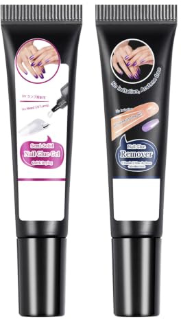 Pegamento para Uñas Postizas de Larga Duración, Kit de Adhesivo Fuerte con Disolvente 10g, Pegamento de Uñas de Secado Rápido para Press on Nails y Tips, Acabado Profesional Transparente