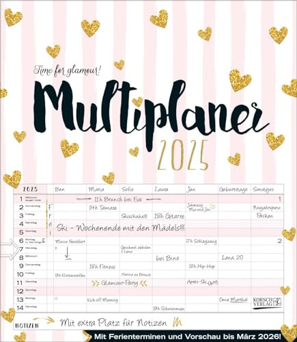 Wandkalender 2025 Multiplaner - Time for glamour: Typo-Art Familienplaner, 7 breite Spalten. Schöner Familienkalender mit Ferienterminen, extra Spalte, Vorschau für 2026 und Herz-Datumsschieber. Form