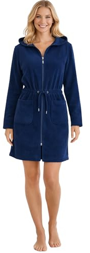 Morgenstern Bademantel Damen Reißverschluss Kapuze Frottee Leicht Kurz Emily Dunkelblau S
