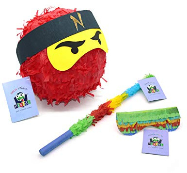 Nislai® Ensemble Ninja Piñata | idéal pour la fête Ninja | Cadeau d'anniversaire | Pinata d'anniversaire | bâton et Un Masque | Couleur au Choix: Vert, Noir, Bleu, Rouge (Rouge)