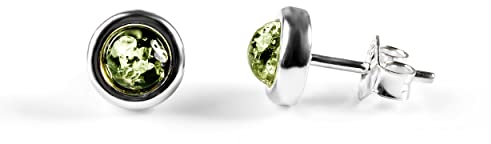 HENRYKA Grüner Bernstein und Sterling Silber Schlichte minimalistische runde Ohrstecker, grüne Ohrringe