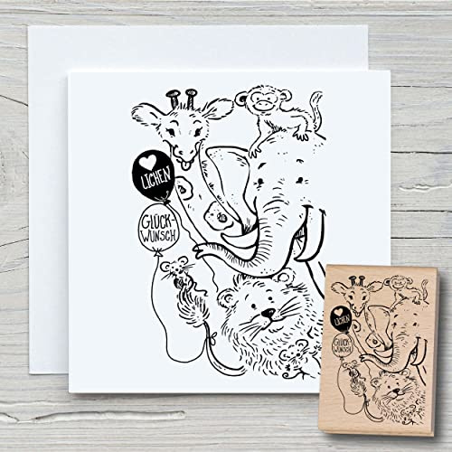 NEWSTAMPS Stempel Glückwunsch Tiere Motivstempel aus Holz & Gummi zum Karten und Geschenke basteln, Holzstempel für Tiere, Geburtstag, Scrapbook, Textilstempel, Deko, Kinder