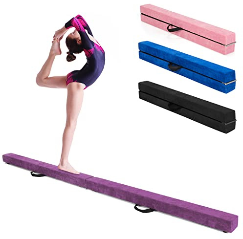 GOPLUS Barra de Equilibrio Plegable 210 CM, Barra de Gimnasia Portátil con Base de Madera Maciza y Fondo Antideslizante, Viga de Equilibrio con Asa para Entrenamiento Profesional en Casa (Violeta)