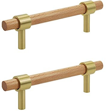 Semetall Möbelgriffe aus massivem Holz, Messing, moderne Holzgriffe, Möbelbeschläge, 14 cm, goldfarben, 2 Stück