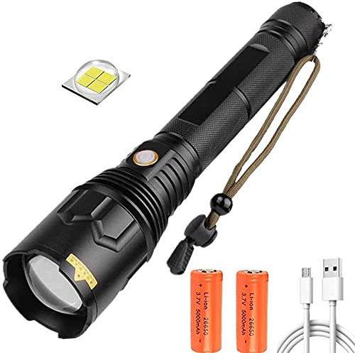 Linterna LED de 100000 lúmenes, recargable por USB, la linterna más potente y brillante, actualización P70.2 Antorcha táctica impermeable con zoom con 5 modos de luz para acampada de emergencia