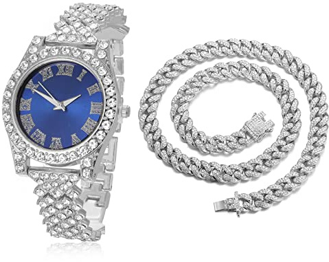 Halukakah Diamanten Gold Uhr,Kinder 18K Echtes Gold/Platinplattiert Weißgold 36MM Breite Grün/Blau/Rot Zifferblatt Quarz Armband 20cm mit Kubanischer Kette Halskette Armband,Kostenlose Geschenkbox