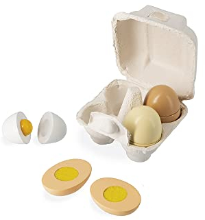 Janod - Boîte de 4 Œufs en Bois - Jouet d'Imitation Cuisine et Dinette - 4 Systèmes d'Ouverture Différents - Peinture à l'Eau - Dès 3 Ans, J06593