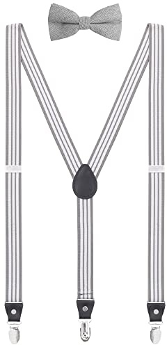 WANYING Juego de Tirantes y Pajarita 2 en 1 para Hombre, 2,5 cm en forma Y 3 clips Tirantes Diseño a Rayas - A rayas blanco & gris