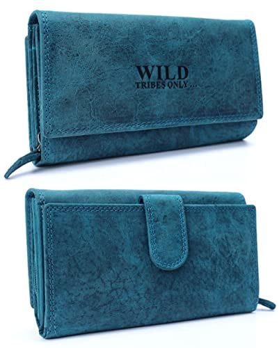 irisaa Damen Leder Wild Geldbörse, Portemonnaie Lang Geldbeutel,RFID Schutz 21 Kartenfächer, Brieftasche Groß, Vintage Design Used Look, Damen Tasche:Seeblau