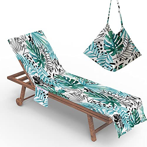 Morbuy Green Leaves Beach Towel with Pockets, Beach Chair Cover Towel, Super Absorbent Microfiber Portable Holiday Sun Lounger Towel for Swimming Pool SPA Travel (Tropical Green,73x210cm)