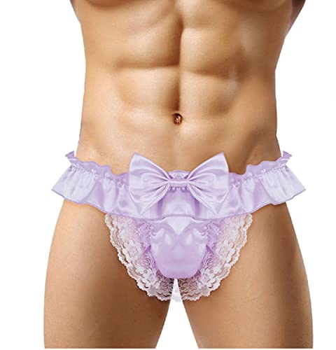 Men Stain Underwear Frilly Sissy Thongs French Maid Panties Ruffled Underpants Sexy Bow-knot Briefs Gay Lingerie Cross-dressing Low Rise Panties Lace Knickers T-line Triangle Jockstrap Bulge Pouch