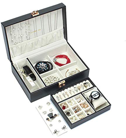 BONOOL Leder-Schmuckkästchen, 2-lagiges Entnahmetablett, Schmucktruhe mit Sicherheitsschloss, Schmuck-Organizer für Ringe, Ohrringe, Armbänder, Schmuckkästchen für Damen
