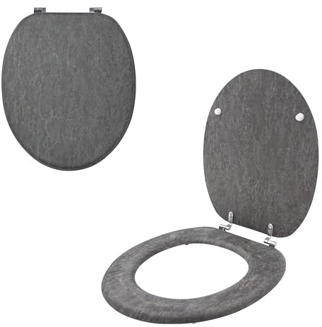 Anika 92539 Grey Slate Effect Toilet Seat/Chrome Hinges/Easy Installation / 43cm x 37.5cm