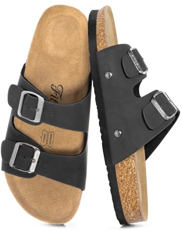 FITORY Women's Flat Sandals, Cork Footbed Slides Size 4-9 UK | Ladies Comfort Open Toe Slip On Shoes with Double Adjustable Buckle Straps and Arch Support for Summer Walking