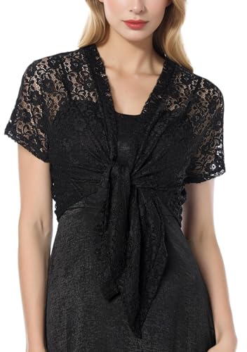 Lamca Lace Bolero Cardigans for Women, Casual Tie Front Boleros Shrug Cropped Top, Elegant Floral Lace Sheer Jacket for Dress Evening Wedding