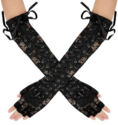 Maeau Damen Handschuhe Fingerlose Spitzenhandschuhe Schnürung Gothic Armstulpen Steampunk Netz Handschuhe Ellbogen Hochzeits Handschuhe Lange Opern Handschuhe
