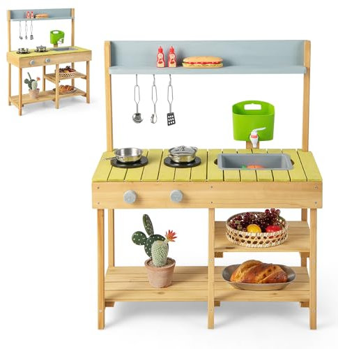 HOMASIS Cocina Infantil de Barro, Cocina Juguete con dispensador de Agua, Fregadero, Cocina de Juegos de Madera con Sonido, 3 Ganchos y estantes, para Exterior, niños de 3+ años, 75x35x92cm (Natural)