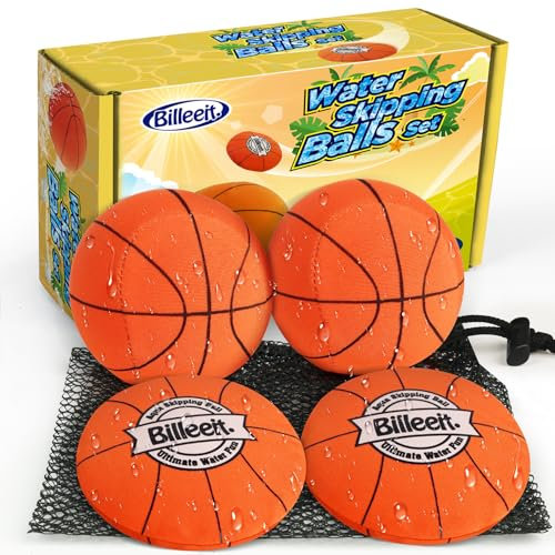 Billeeit 4Pcs Water Skipping Balls for Pool Play(Basketball Theme), Water Pool Beach Swim Toys for Kids Ages 4-8, 8-12 and Adults, Include 2 Balls and 2 Discs