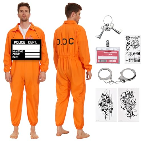 JONRRYIN Disfraz Preso Hombre, Disfraz de Prisionero Naranja para Adultos, Disfraz Carcelero Hombre con Esposas de Halloween Cosplay