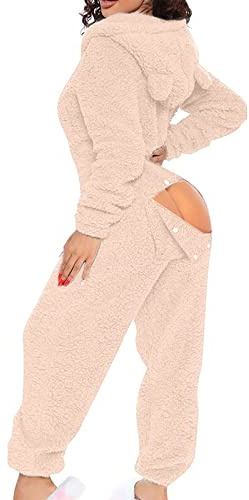 Womens Thick Snuggle Hooded Onesie - Luxury Warm Fleece Novelty Onesie with Pom Poms Women Fleece Onesies Zip Up One Piece Hooded Pajamas Cozy Sleepwear Pyjamas Autumn Winter Warm Loungewear Jumpsuits