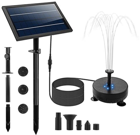 Irishom 170L/H Solar Water Pump with 5 LED Color Light 7pcs Nozzle Kit Solar Fountain Pump with Built-in Battery 9.8ft Cable Wall Mounted and Ground Inseted Panel for Ponds Garden Bird Bath