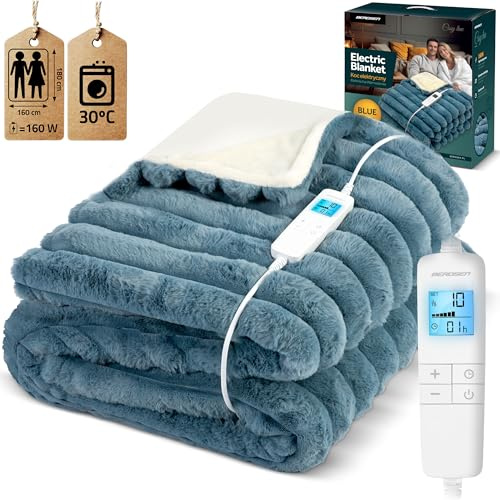 Berdsen Heizdecke Wärmedecke Elektrische Decke 10 Temperatursstufen 180 x 160 cm 550 Und 220 g/m² Blau