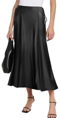 Jupe longue en satin pour femme - Taille haute - Élégante et soyeuse - Ligne A - Évasée - Midi - Pour le travail, les fêtes, les loisirs, Noir , XXL