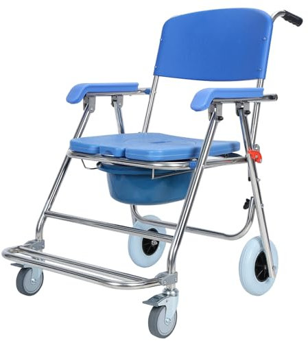 Bedside Commode with Wheels, Folding Shower Commode Wheelchair, Waterproof Rolling Toilet Chair for Elderly, Disabled, Shower Chair with Arm and Backrest, Easy to Transport, No Installation Required