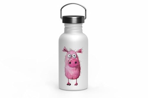 MAXIKIWI - Einwandige Edelstahl-Trinkflasche mit Schraubverschluss und Griff, nicht isoliert, leicht, BPA-frei, auslaufsicher, lustiges rosa Schwein, 500 ml