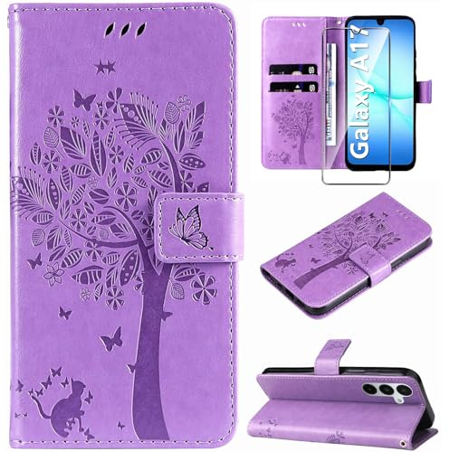 Hancda Phone Case for Samsung Galaxy A17 5G / A17 4G Leather Case with Tempered Glass Screen Protector Wallet with Card Holder Flowers Design Magnetic Case Flip Cover for Samsung A17 5G/4G,Purple
