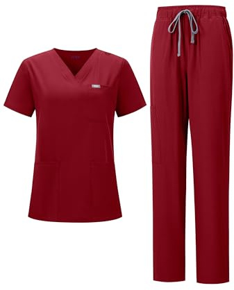 YEZEX Women's Scrub Set, V-Neck Top & Straight Leg Pants w/ 6 Pockets, Medical Scrubs Top & Pants