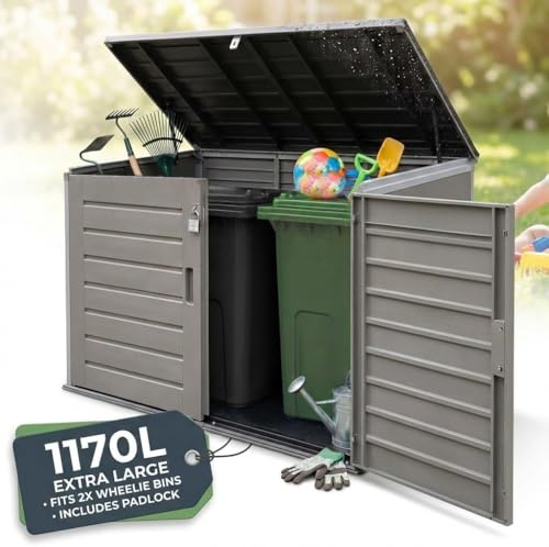 Olsen & Smith 1170L Extra Große XL Outdoor Garten Aufbewahrungsbox mit Vorhängeschloss - Riesige Kapazität Kunststoff Schuppen Mülltonnenbox Schrank - Ideal für 2x230L Mülltonnen, Gartengeräte