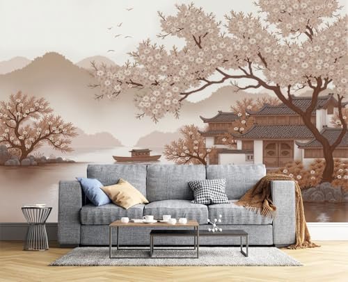 Carta da Parati 3D con Stampa Cina Paesaggio Fiori Di Pesco Piccola Barca, Carta da Parati Fotografica Marrone, Tessuto di Seta Decorazione Murale da Parete, 150Lx105A cm (Larghezza x Altezza)