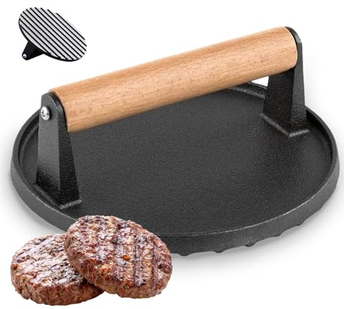 Cast Iron Burger Press, Heavy-Duty Burger Smasher Press | with Solid Wood Handle Iron Bacon Press, for Hamburger, Bacon, Meat, Steak, Sandwich, Barbecue Grilling Tool