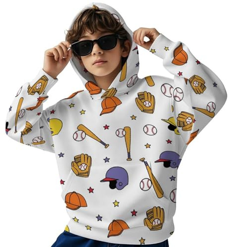 NAKOCO Boys Hoodies Kids Sweatshirt Baseball Bat Glove Helmet Youth Girls Hooded Clothes with Pocket 6-16 Years
