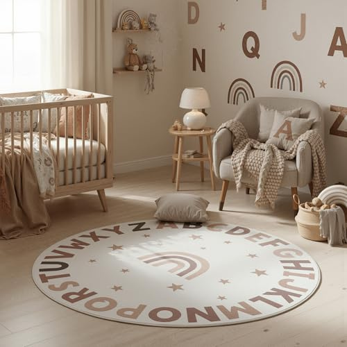 SIMPEX Kinderteppich Alphabet Lernteppich rund 120 cm für Kinderzimmer in Creme mit Buchstaben Motiv ideal für kleine Lernbereiche