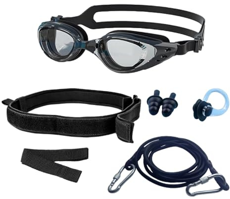 Funabridge Set di occhialini da nuoto per adulti, corda in lattice da 3 m, cintura regolabile in vita, tappi per le orecchie, clip per il naso, con borsa per riporre gli allenamenti di nuoto