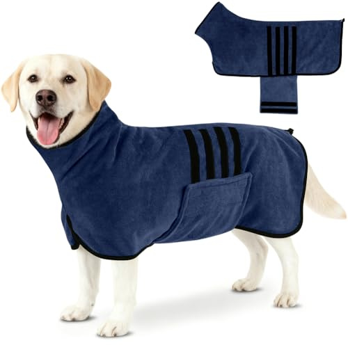 AOOTE Peignoir en Microfibre pour Chien,Serviette Bain Chien avec Velcro et Bande Rétractable Réglable,Serviette Peignoir Chiens Super Absorbante pour Moyens Grands Chiens,Bleu Marine,L