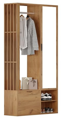 6‑in‑1 Garderobe Set mit Spiegel & Kleiderstange – Flurschrank Holz mit Klapptür & 5 Regalen, schmaler Garderobenschrank für Flur, Diele & Vorzimmer, Flur Möbel Set mit Schuhschrank – Holzfarbe