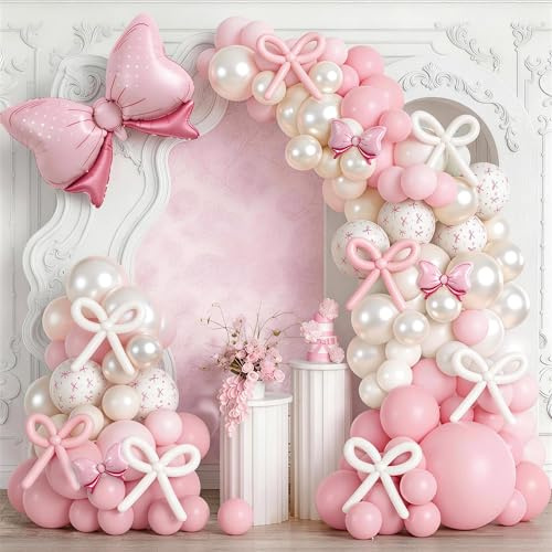 vamei Luftballon Girlande Rosa Weiß, 155 Stück Kit Pink Ballongirlande mit Schleife Ballon für Deko Geburtstag Hochzeit Brautparty Babyparty Gender Reveal, Geburtstagsdeko für Mädchen Frau