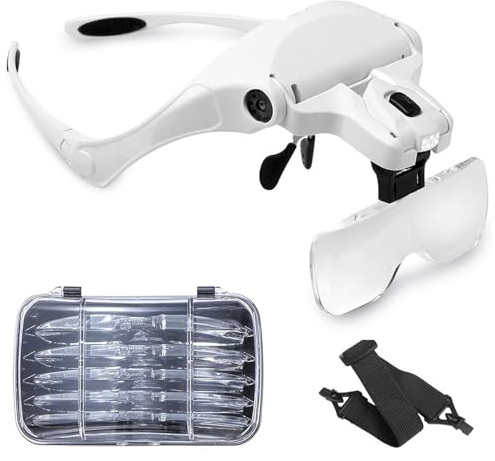Sinzau Pannband förstoringsglas med LED-ljus, för handsfree-läsning, juvelerarhantverk, klockreparation, hobbyhobbyarbete, 5 linser 1,0 x 1,5 x 2,0 x 2,5 x 3,5 x